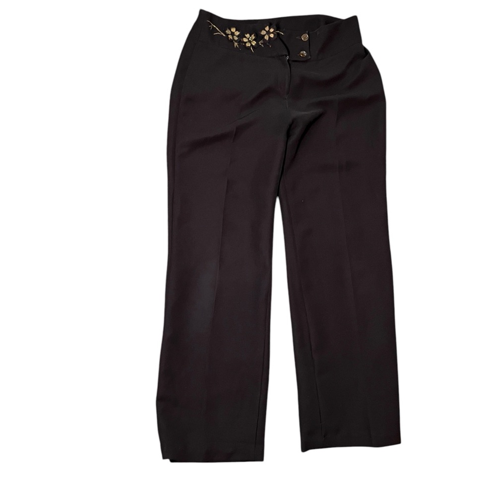 Vintage 70s 80s Beaded Floral Detail Dress Pants Stretch Trousers Dark Brown 12